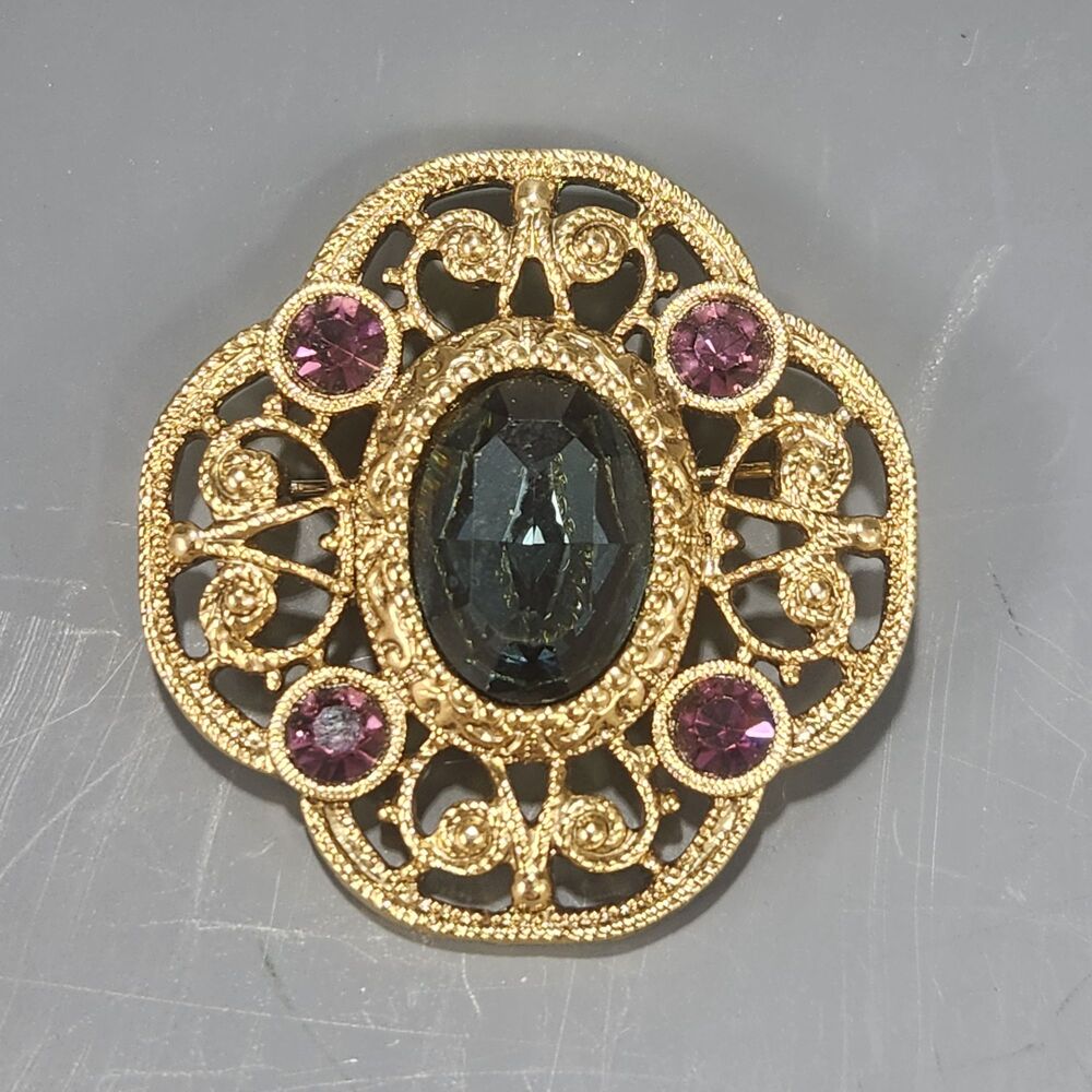 LG 1928 Jewelry Co Twisted Gold Wire Brooch Amethyst Glass Pin VTG Costume